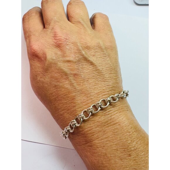 Sterling Silver 925 Double Round Link Charm Bracelet with Engraved K Oval Charm - Picture 7 of 13